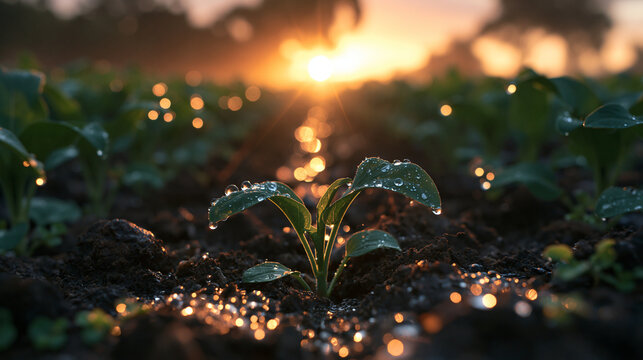 Green Seedling Growing in Field at Sunrise