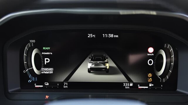 Digital car dashboard showing driver assistance system, lane monitoring and surrounding vehicle detection, advanced automotive safety technology concept.