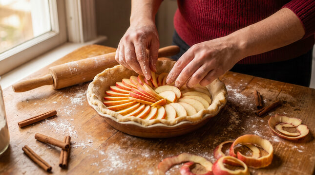 Hands arranging thin apple slices in a homemade pie crust on a rustic wooden table