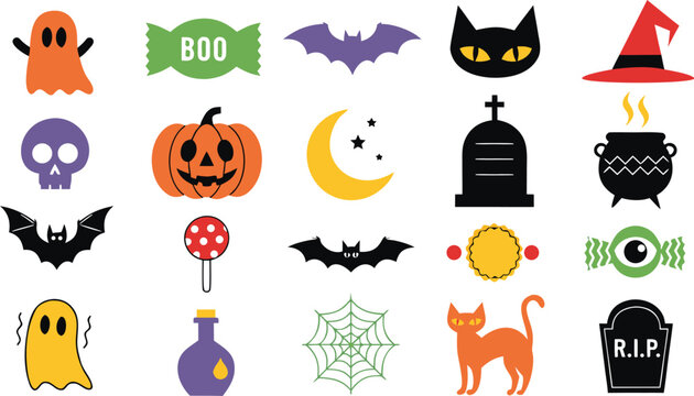 Adobe Illustrator Artwork Halloween Icon Set Collection with Pumpkin, Ghost, Bat, Witch Hat, Black Cat, Haunted House and Spooky Holiday Vector Elements Isolated on White Background