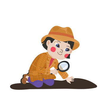 Girl detective kneeling with magnifying glass searching the ground vector isolated on white
