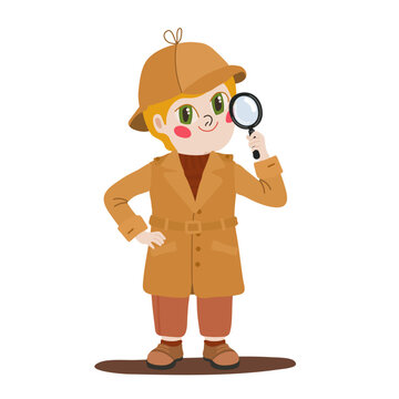 Young detective with magnifying glass and brown outfit vector character isolated on white