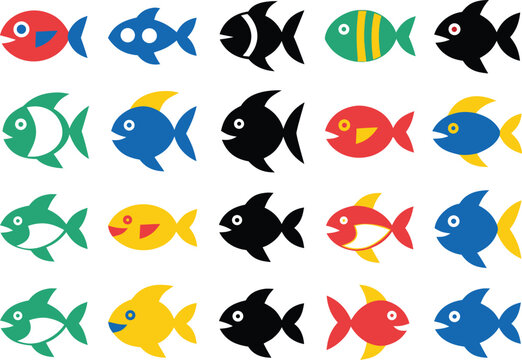 set of fish icons Set of Fish Icons Collection with Various Freshwater and Saltwater Species, Minimal Line Vector Illustration Isolated on White Background