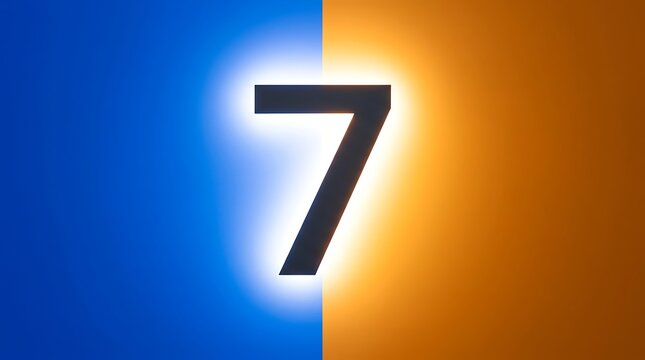 Dark number seven digit with a glowing white backlight, positioned centrally on a vertical split background, of vibrant blue, and warm orange