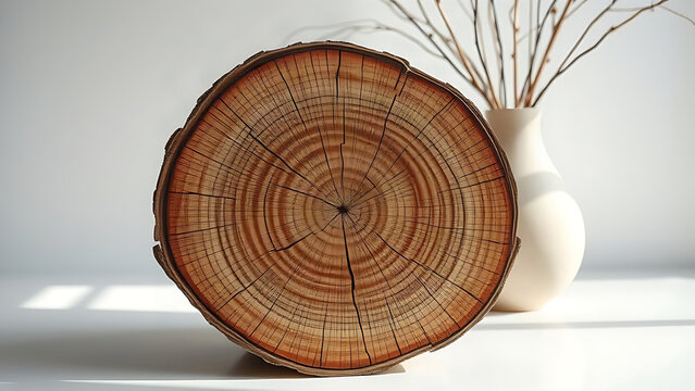 Tree trunk cross section with large burl and cracked rings, organic home decor concept