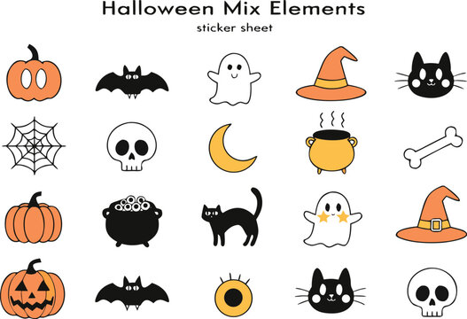 Adobe Illustrator Artwork Halloween Icon Set Collection with Pumpkin, Ghost, Bat, Witch Hat, Black Cat, Haunted House and Spooky Holiday Vector Elements Isolated on White Background