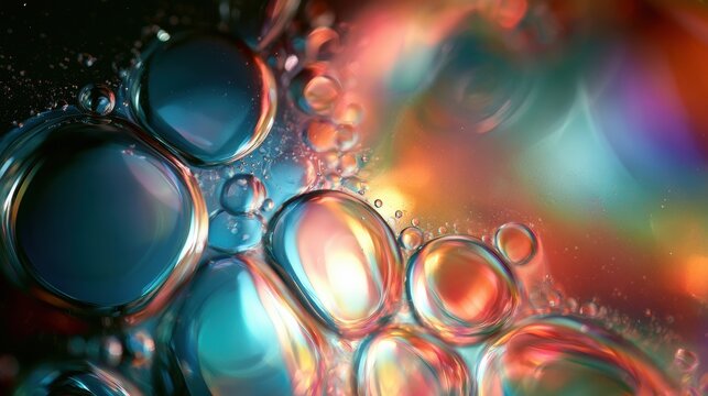 Colorful bubbles drift slowly in oil and water under backlight. The macro detail shows the vibrant colors and glowing light effects in the dark.