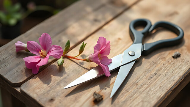 Pink snapdragon stem on potting bench with garden scissors, gardening and pruning concept