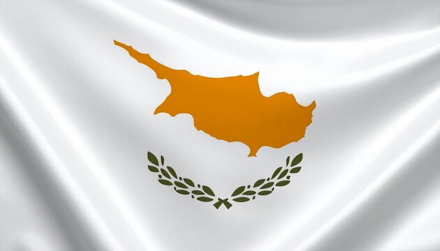 Cyprus flag features a copper colored map silhouette centered above two olive branches on white cloth.