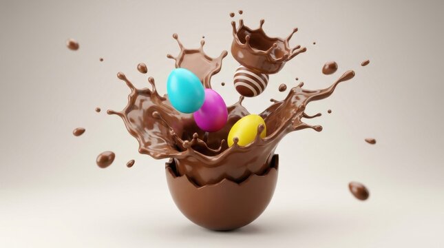 Easter eggs splashing out of a broken chocolate egg