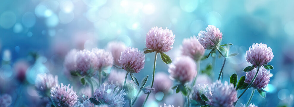 Pink clover blooms in dew covered spring meadow with soft blue bokeh, shallow focus, delicate stems, rounded flower heads, fresh morning light and calm natural color tones