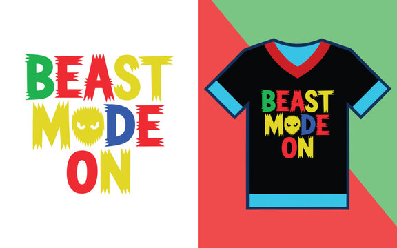 Beast mode on typography featuring alien eyes on a black v-neck t-shirt with blue trim details