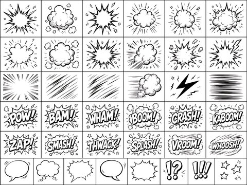Comic Book Action Effects and Speech Bubbles Set, Black and White Hand Drawn Vector Illustration