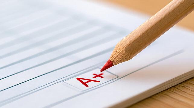 A red pencil mark an A plus grade on a school test paper with text, close up shot showcasing academic success and educational achieveme