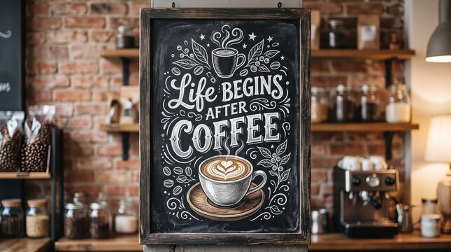 Chalkboard sign with hand drawn coffee cup and lettering displayed on cafe counter with brick wall shelves and jars, cozy coffee shop interior atmosphere