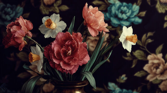 Vintage spring floral still life with pink roses and white daffodils in brass vase before dark wallpaper, warm directional light, rich shadows, painterly composition