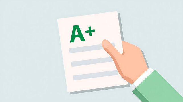 A vector illustration showing a hand hold a paper sheet with an excellent grade mark top. Perfect design for school and academic success