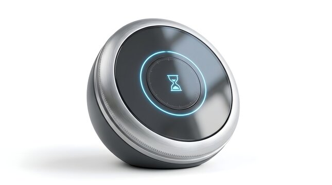 3D render of a smart timer or control dial with blue LED ring and hourglass icon, isolated on white. Concept for productivity, home automation, time tracking, and UX design.
