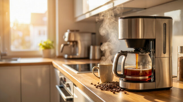 Modern drip coffee maker brewing fresh hot coffee in a bright sunlit kitchen interior