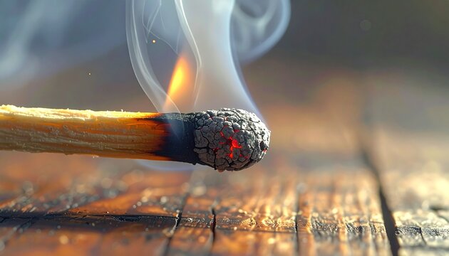 Macro close-up of a burning matchstick with glowing ember and rising white smoke on a wooden table