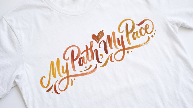A white t shirt featuring a motivational quote written in an orange with displays motivational phrase brush script lettering stylized orange brown path pace stylized