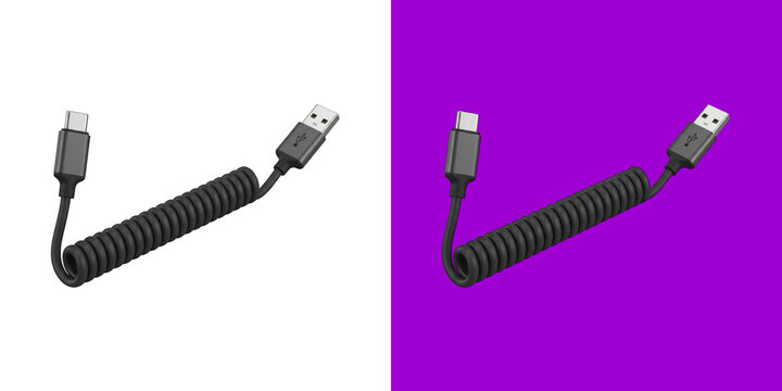 Black coiled USB type C charging cable with standard USB connector transparent png