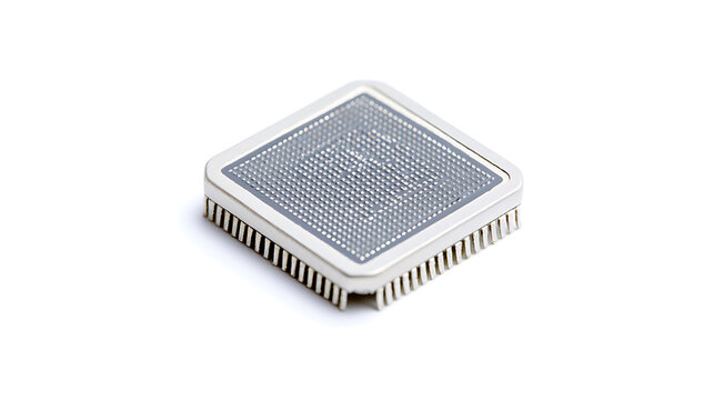 Modern electronic computer processor microchip central processing unit isolated on white background with metallic pin grid array design
