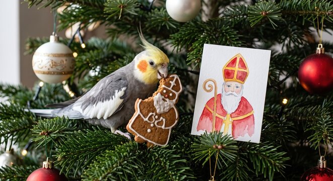 Cockatiel bird eats a gingerbread cookie shape of a bishop on a decorated pine christmas tree StNicholas Day