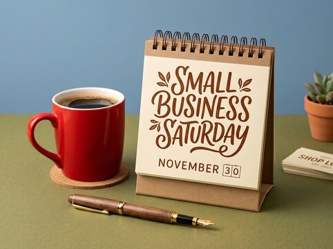Small business Saturday promotion with coffee and pen on desk