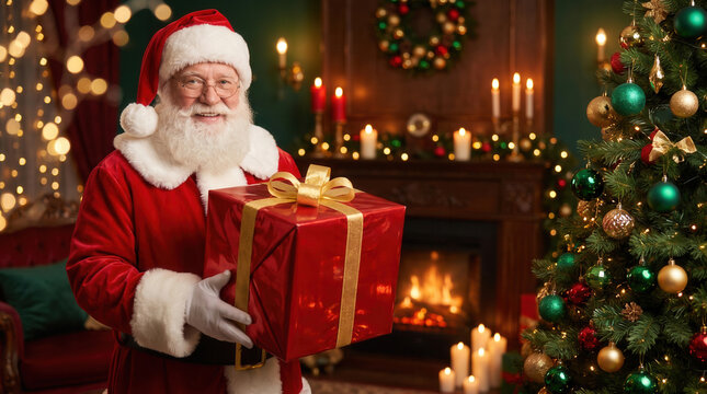 Santa Claus holding a large red Christmas gift box in a cozy festive living room interior.