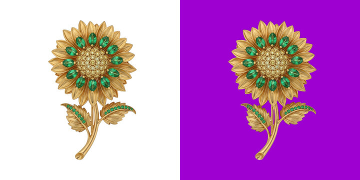Elegant gold sunflower brooch with green emerald gemstones and diamond petals transparent png