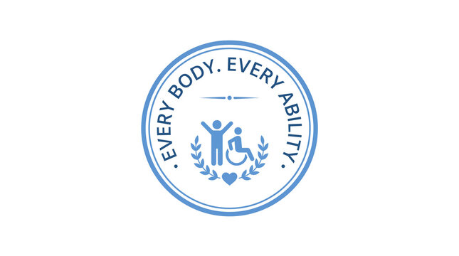 Blue circular badge with inclusive design with circular emblem featuring disability awareness icons surrounded text every body every ability accessibility illustration