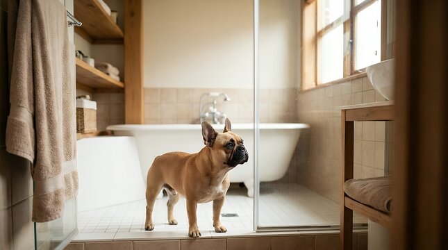 A French Bulldog standing patiently inside a dry bathtub looking through the transparent shower door waiting for its bath time dog waiting French Bulldog standing in tub bathtub interior bathroom