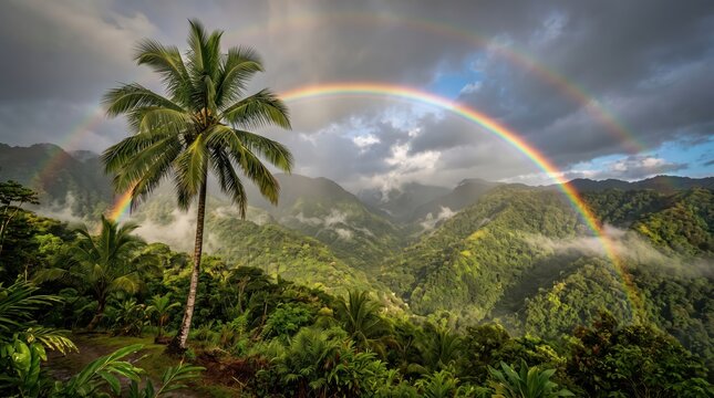 Lush tropical mountain vista with full rainbow arch and solitary palm tree overlooking mist filled valleys, dramatic cloudscape and vibrant green vegetation after storm, tranquil island setting