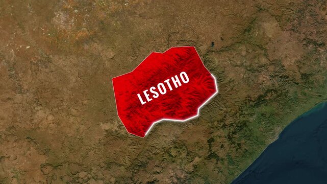 Aerial view of Lesotho animated map zooming into Southern Africa terrain