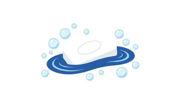 White bar of soap resting on a blue water splash with many shiny round bubbles floating around on a white background.