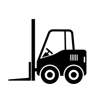 Black forklift truck vector icon on white background