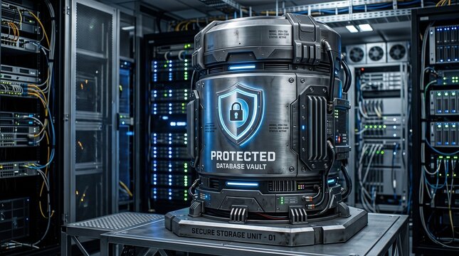 Futuristic cylindrical database vault with a glowing blue shield lock icon standing inside a modern server room, representing secure cyber data protection and high tech information storage