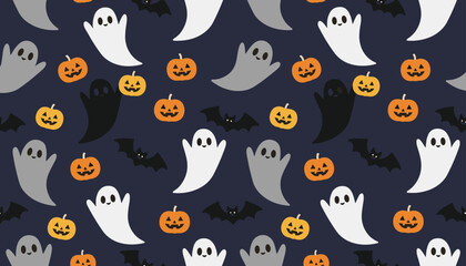Obraz premium Seamless pattern of spooky cartoon ghosts, little pumpkins, and flying bats on a dark navy blue background.