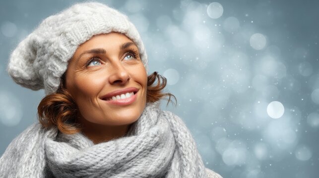 Cheerful outdoor winter style, Relaxed woman dressed warmly in snowy landscape, Casual lady enjoying outdoor winter scenery with seasonal accessories and natural light
