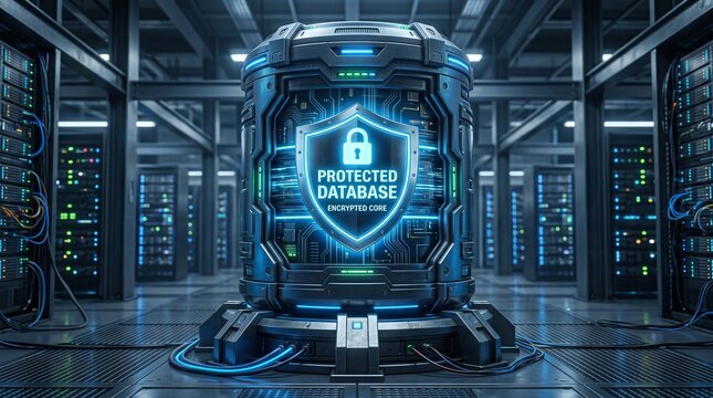 Futuristic glowing protected database server core with cybersecurity shield icon standing in center of dark high-tech data center hall for secure cloud computing infrastructure and enterprise network
