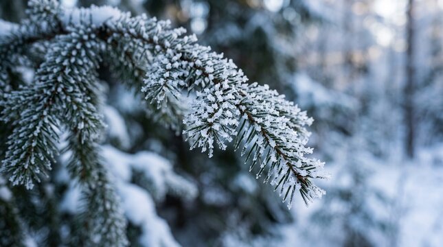 Frosted Pine Branch: A close-up of a pine tree branch, covered in delicate frost crystals, hinting at a serene winter landscape.