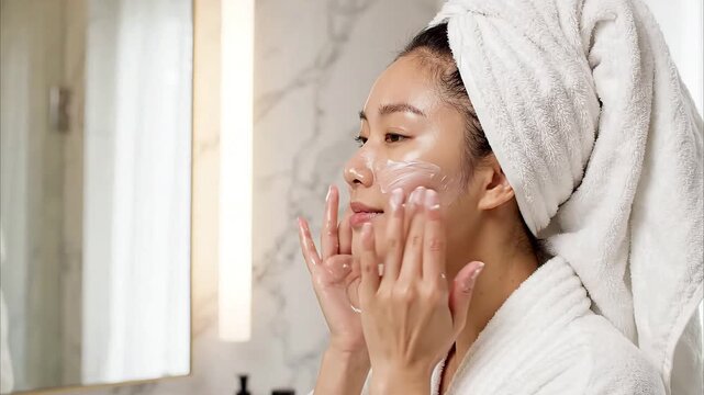 Woman applying facial skincare cream moisturizer routine in bright modern bathroom