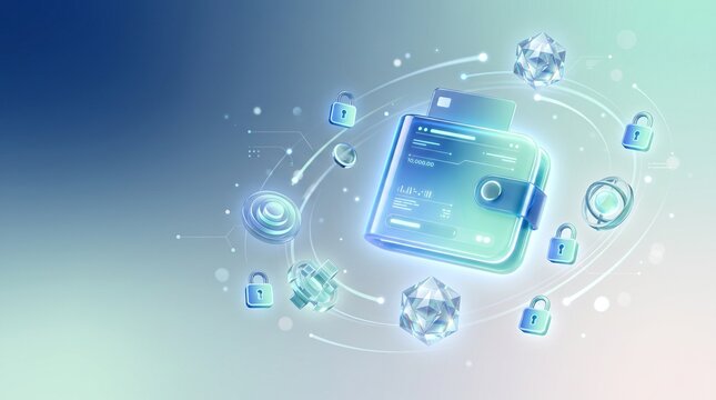 Digital Security Wallet: A glowing digital wallet icon surrounded by orbiting cryptographic elements and security locks, symbolizing secure online transactions and data protection.