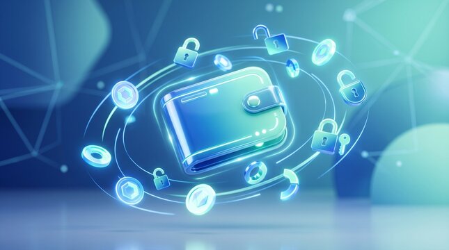 Digital Wallet Security: A digital wallet surrounded by glowing icons of locks, currency, and security symbols, representing digital asset protection and online transaction safety.