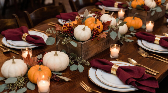 Elegant Fall Wedding Table Setting with Mini Pumpkins and Burgundy Napkins