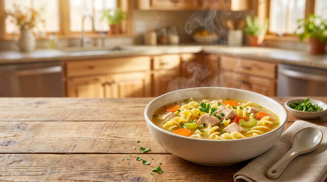 Bowl of homemade chicken noodle soup on a rustic wooden kitchen table