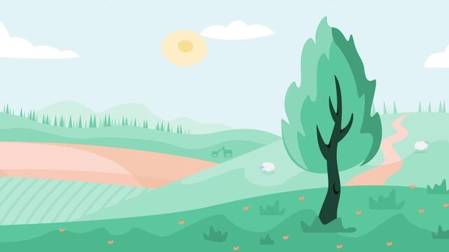 Peaceful Countryside Landscape with Tree, Rolling Hills and Winding Road Animation