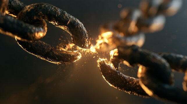 A broken chain link shines with a golden glow at the point of break, against a dark background, showing the idea of freedom.