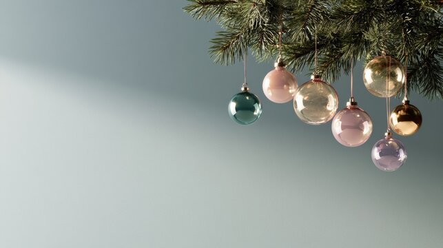 Green and champagne Christmas baubles decorate a small fir branch against a neutral background, creating natural holiday copy space, refined winter decor, Christmas, New Year.